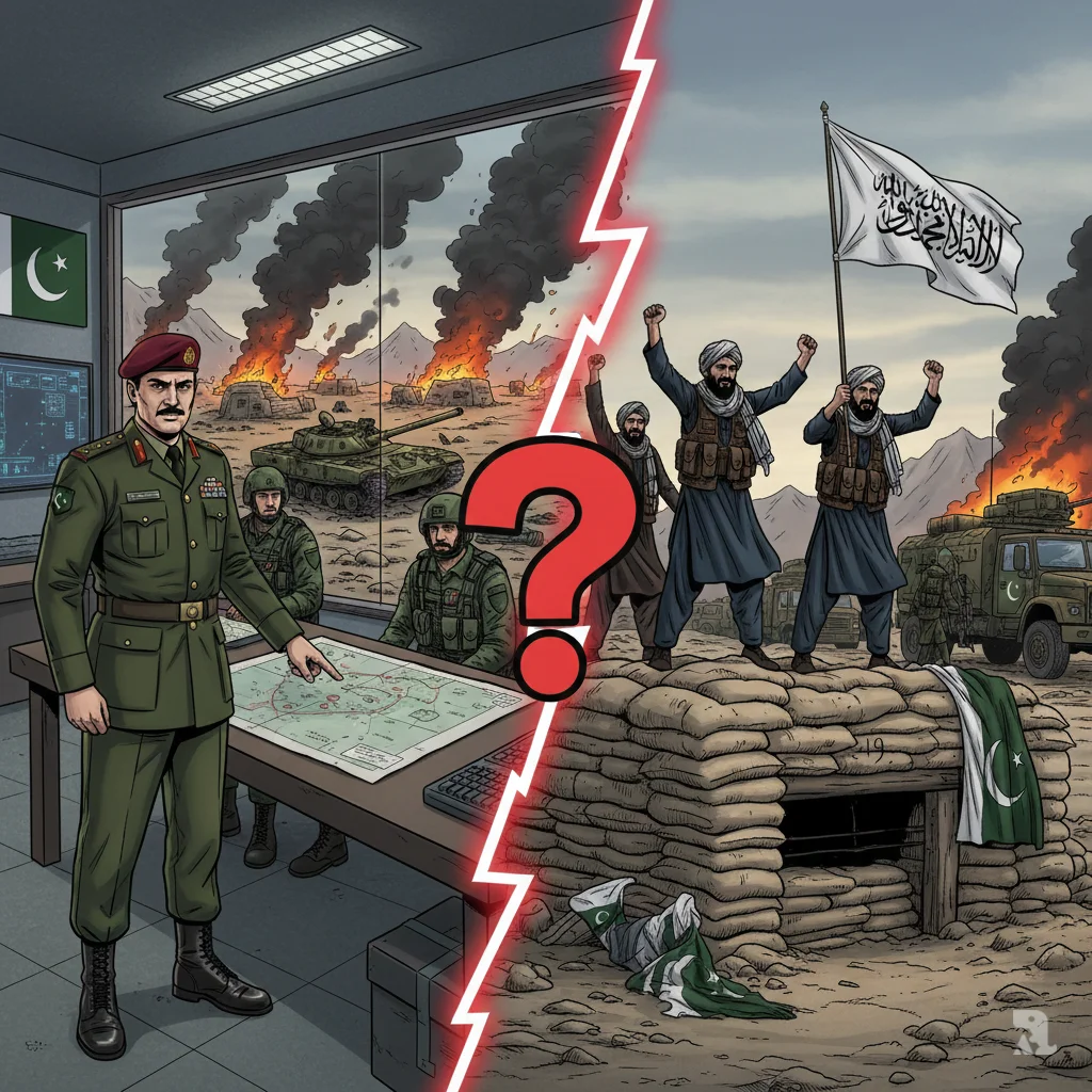 Split-panel comparison showing Pakistani military command claiming destruction of Taliban posts and tanks versus Taliban fighters celebrating capture of Pakistani border positions, with a central question mark highlighting unverifiable casualty claims from both sides.