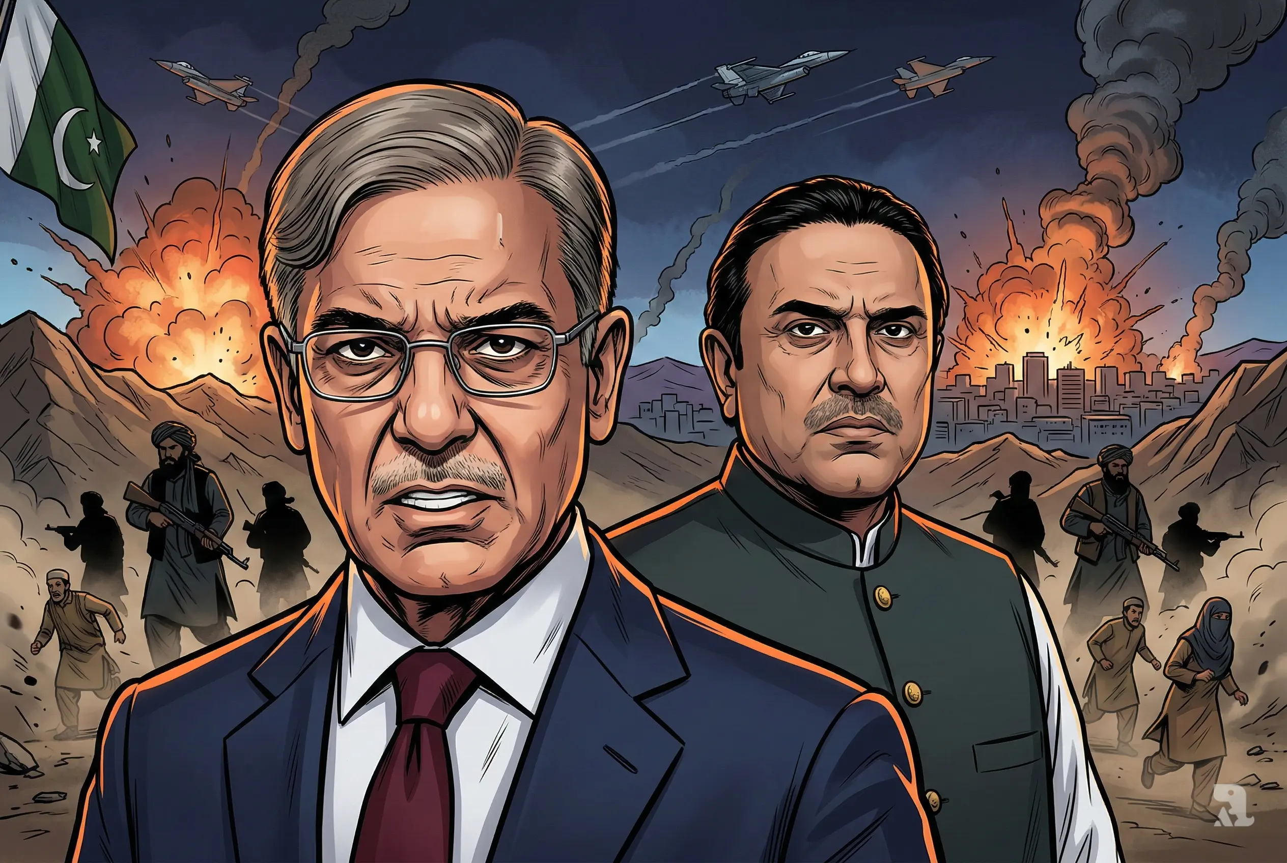 Pakistan leaders Shehbaz Sharif and Asif Ali Zardari with Kabul explosions and fighter jets during escalating conflict.