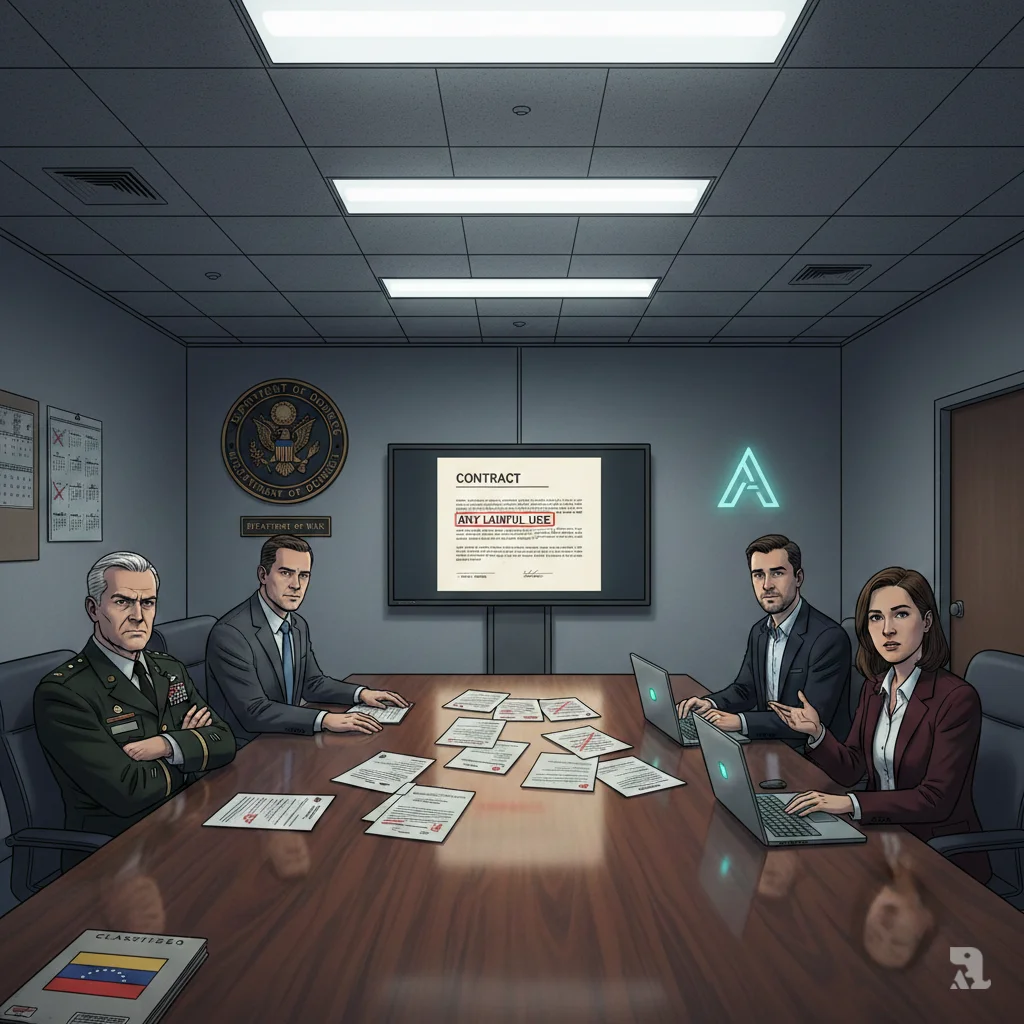 A wide shot of a tense meeting in a dimly lit Pentagon briefing room. Pentagon officials in suits and uniform sit on one side of a long table, opposite Anthropic representatives with laptops glowing teal. A large screen displays a contract with "ANY LAWFUL USE" highlighted in red. The Department of the War plaque and a folder with a Venezuelan flag sticker are visible, highlighting the dispute over AI use in military operations.