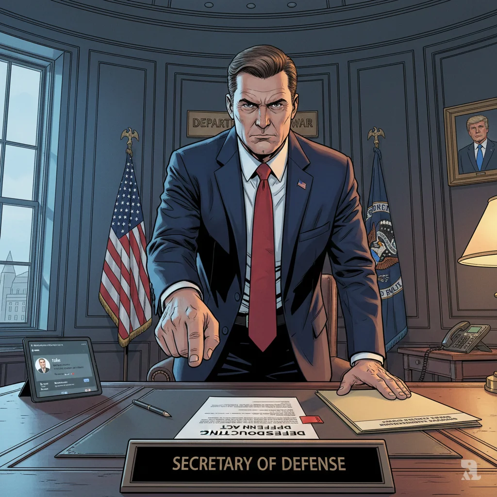US Defense Secretary Pete Hegseth stands behind his desk in a wood-paneled Pentagon office, pointing authoritatively at a document. The document is labeled "DEFENSE PRODUCTION ACT" with a red tab. A framed portrait of President Donald Trump is visible on the wall behind him, as he threatens to invoke the act against AI company Anthropic.