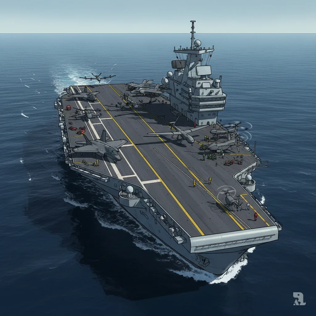 Aerial view of a Queen Elizabeth-class aircraft carrier at sea. Its flight deck is a mix of traditional F-35B fighter jets, fixed-wing drones, unmanned helicopters, and a launching micro-drone. Deck crew in coloured jerseys work around the aircraft.