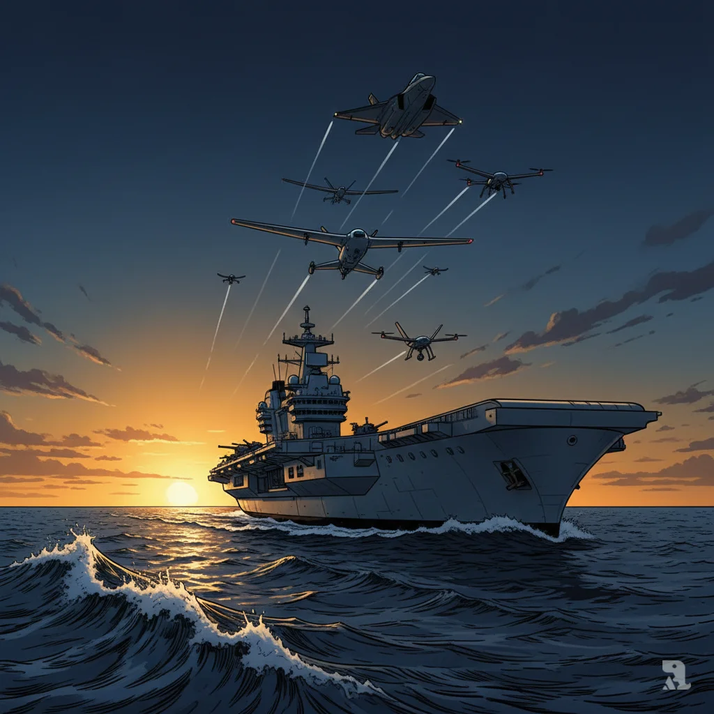 A Queen Elizabeth-class carrier sails toward a golden sunset horizon. Above the ship, a formation of aircraft flies in unison, including an F-35B jet flanked by fixed-wing and rotary-wing drones, silhouetted against the dramatic sky.