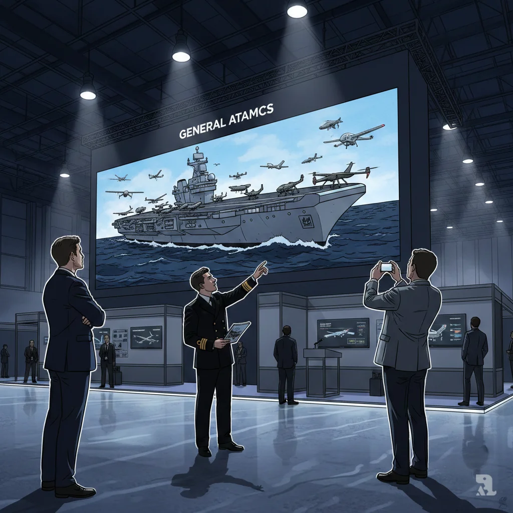 At the Farnborough International Airshow 2024, defence officials and Royal Navy personnel examine a large concept display by General Atomics. The artwork depicts a Queen Elizabeth-class aircraft carrier with an entirely unmanned airwing on its flight deck.