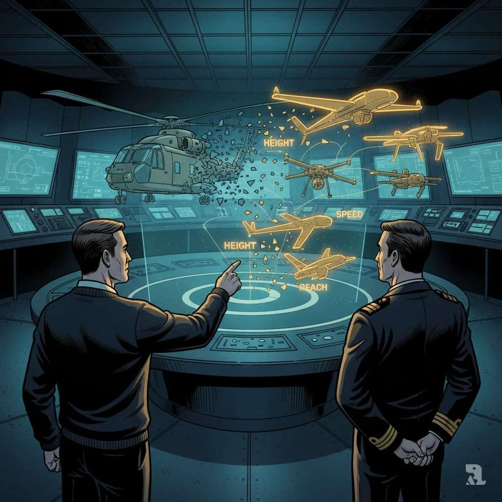 In a darkened naval command center, two Royal Navy officers study a holographic projection. The hologram shows a traditional helicopter dissolving into fragments, from which new fixed-wing and rotary-wing drones emerge, with text labels for "Height," "Speed," and "Reach."