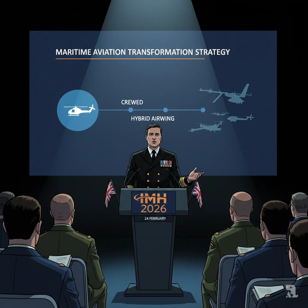 A Royal Navy official speaks at the IMH 2026 conference podium in London. A presentation screen behind them displays the title "Maritime Aviation Transformation Strategy" and a timeline graphic showing the shift to a hybrid airwing.