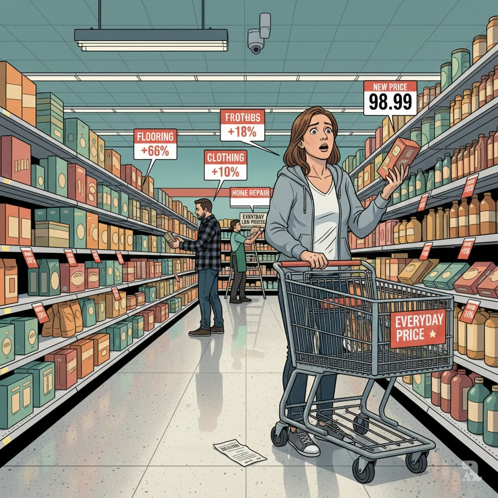 In a brightly lit supermarket aisle, a female shopper stares with shock at a price tag. Floating data callouts show price increases for flooring (66%) and clothing (18%). In the background, another shopper puts an item back on the shelf, unable to afford it.
