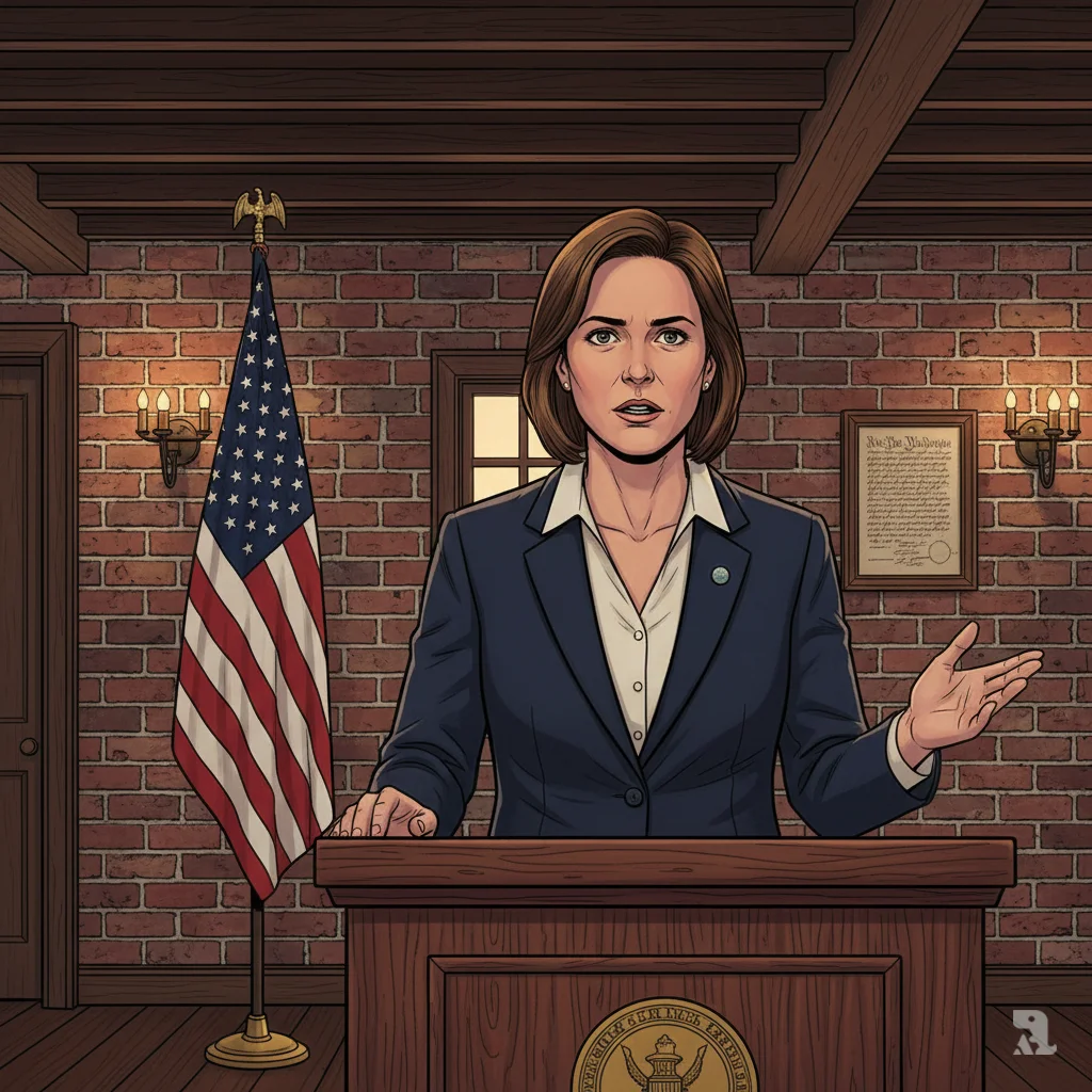 Virginia Governor Abigail Spanberger at podium in Colonial Williamsburg delivering Democratic response, gesturing openly amid historic brick walls, wooden beams, American flag, and framed Constitution.