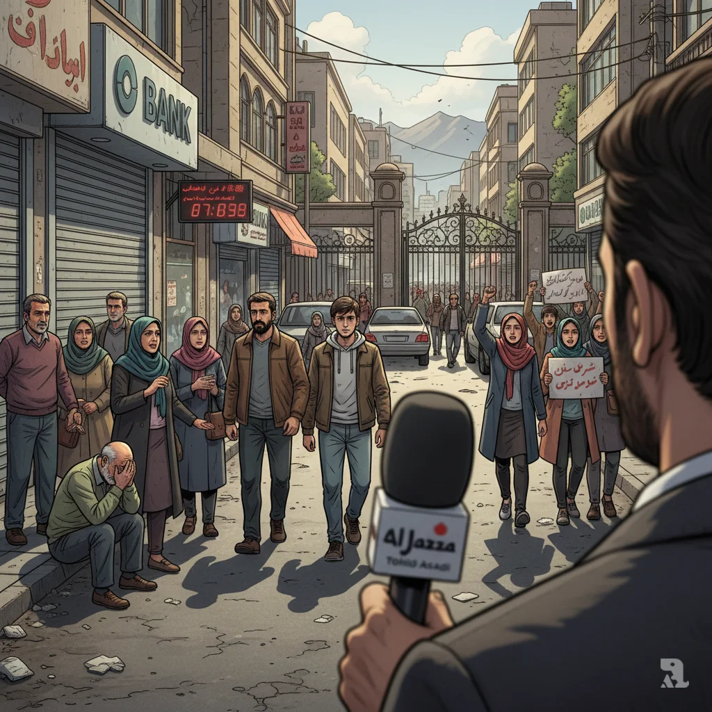 Al Jazeera reporter Tohid Asadi reports from a Tehran street where Iranian citizens display conflicting emotions—anxious crowds outside a closed bank, weary pedestrians, and defiant university students protesting near a campus entrance—capturing the public mood amid nuclear tensions and economic hardship.