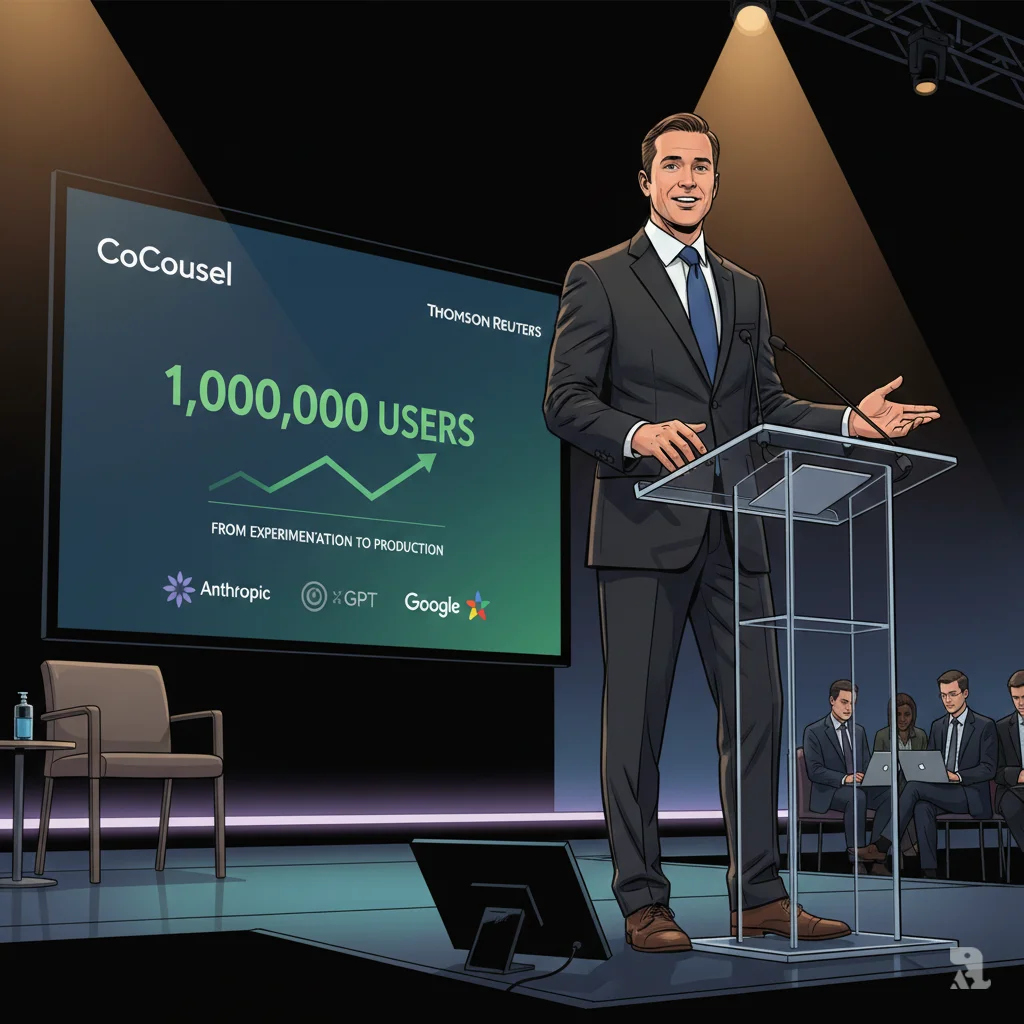 Thomson Reuters CEO Steve Hasker presenting CoCounsel AI legal tool at Anthropic briefing, celebrating one million users milestone with partnerships displayed for Anthropic Claude, OpenAI GPT, and Google Gemini. Stage features warm spotlight and corporate presentation screen.