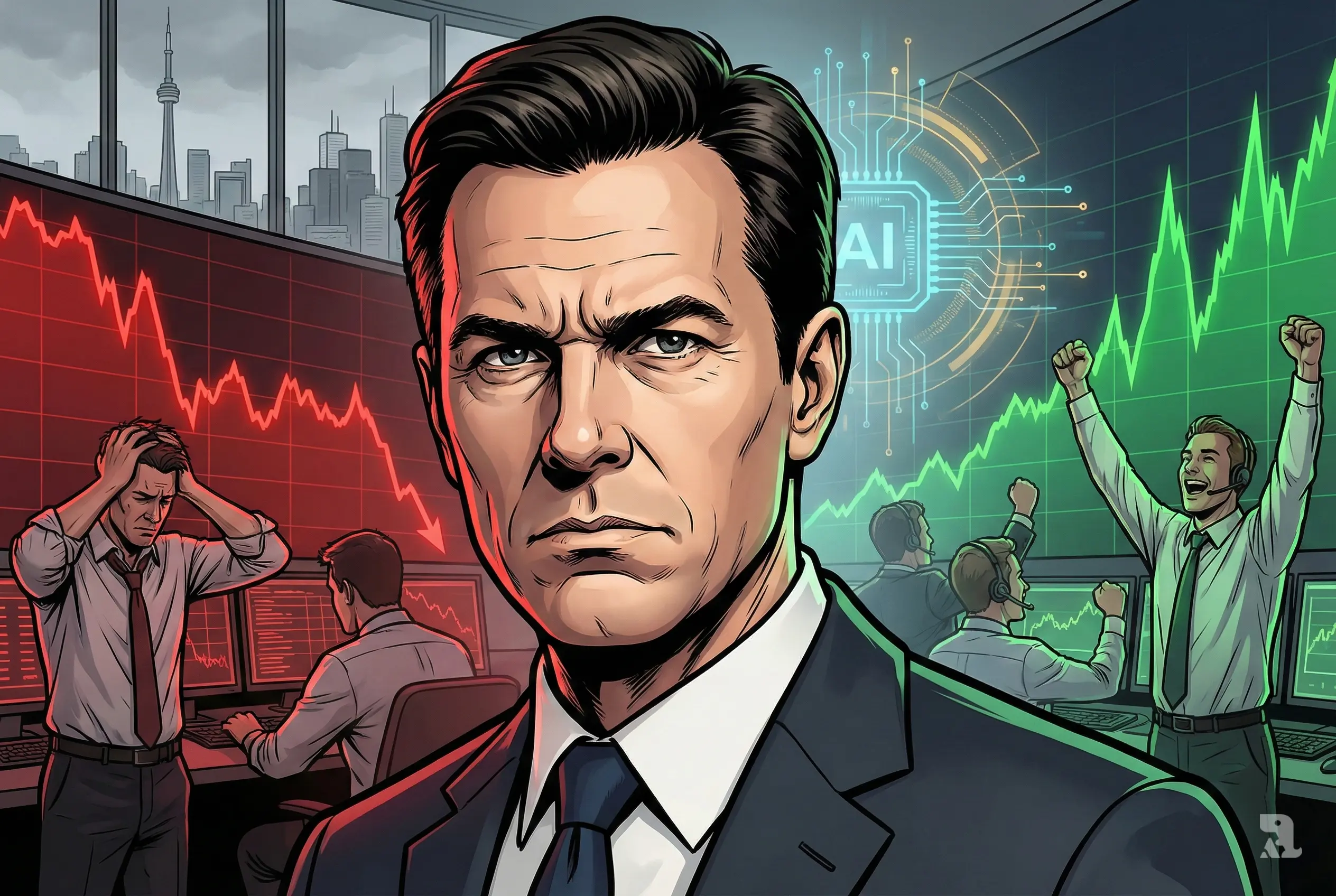 Close-up of CEO on trading floor with red falling stock chart turning into green 14 percent surge, symbolizing AI driven market recovery.
