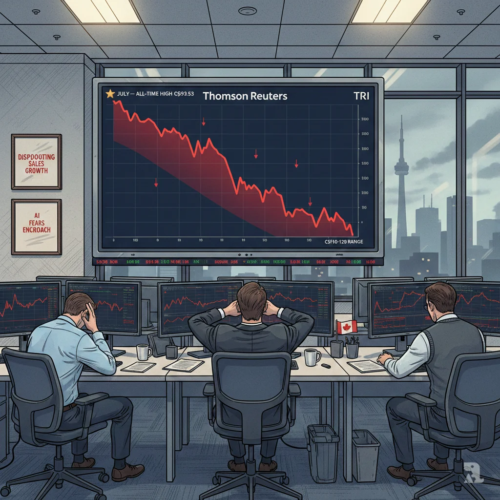 Thomson Reuters stock chart showing steep decline from July all-time high of C293.53 to C110-120 range, with three corporate employees displaying stress and despair in Toronto headquarters office. Red declining line graph dominates screen, framed by disappointing sales growth and AI disruption headlines.