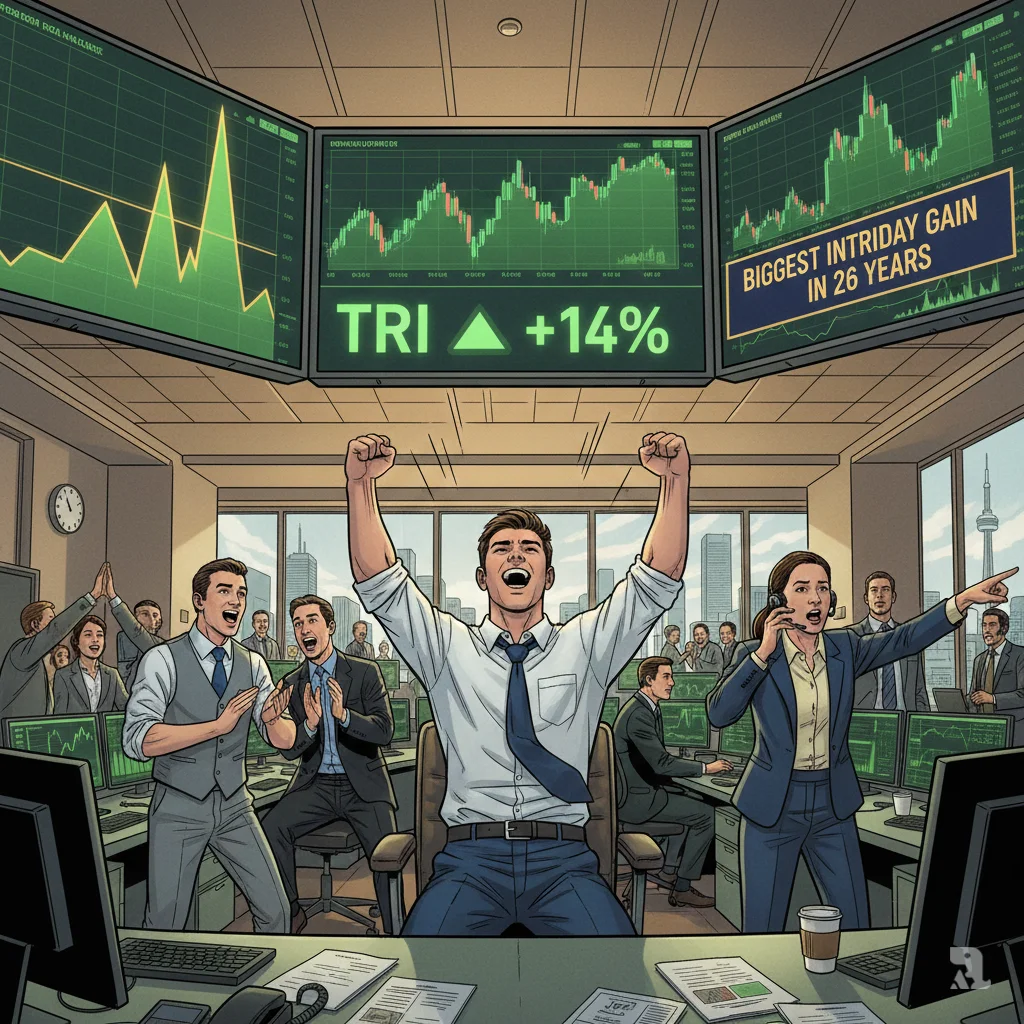 Toronto trading floor celebration as Thomson Reuters stock surges 14 percent, marking biggest intraday gain in 26 years. Traders cheer beneath overhead screens showing green upward charts, with TRI stock price at C124.61 and record-breaking rally indicators.