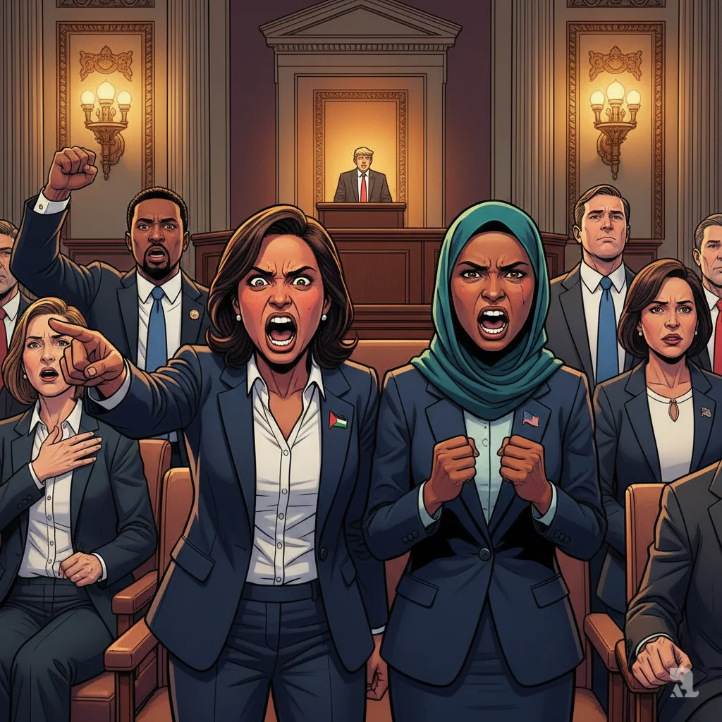 Representatives Rashida Tlaib and Ilhan Omar shout in protest from House chamber floor, both standing with defiant gestures during Trump's speech. Tlaib points toward podium while Omar clenches fists, surrounded by Democratic colleagues reacting to presidential accusations.