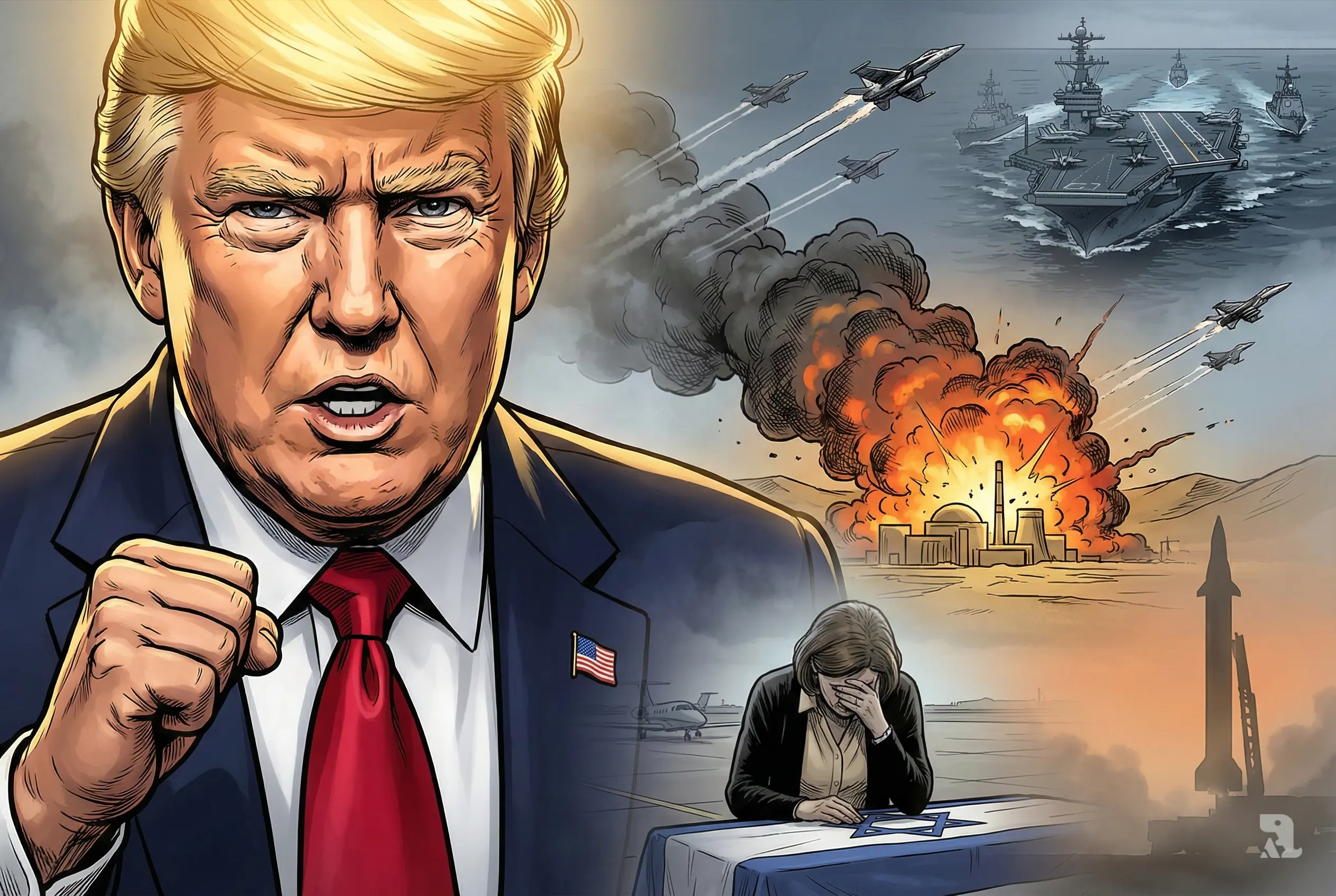 Donald Trump close-up with Iran nuclear explosion, Gaza hostage return, and US warships in dramatic geopolitical scene.