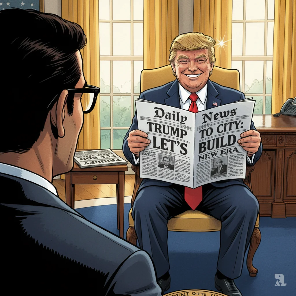 From an over-the-shoulder perspective behind Mayor Mamdani, President Trump is seen beaming with evident glee as he proudly holds up the "Trump to City: Let's Build" mock-up front page. The warm lighting of the Oval Office highlights Trump's delighted reaction, while the edge of Mamdani's impish smile is visible, witnessing the successful moment.