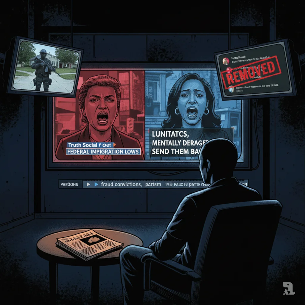 Silhouetted figure watches multiple TV screens displaying immigration raids, deleted racist Obama video, and Truth Social post in darkened newsroom. Screens illuminate pattern of controversial Trump rhetoric targeting minorities, creating information overload composition.