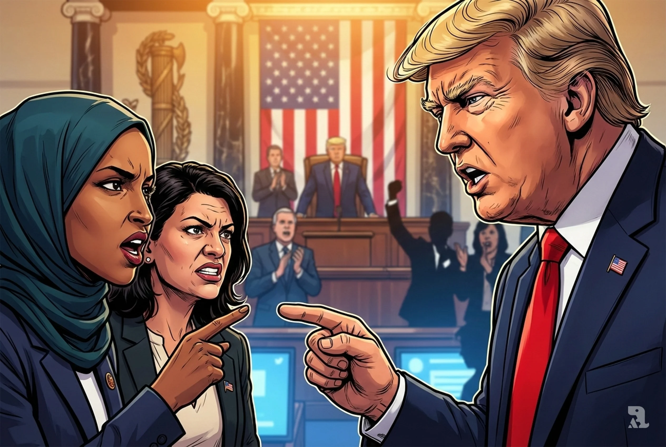 Donald Trump clashes with Ilhan Omar and Rashida Tlaib during heated State of the Union moment in U.S. Capitol chamber.