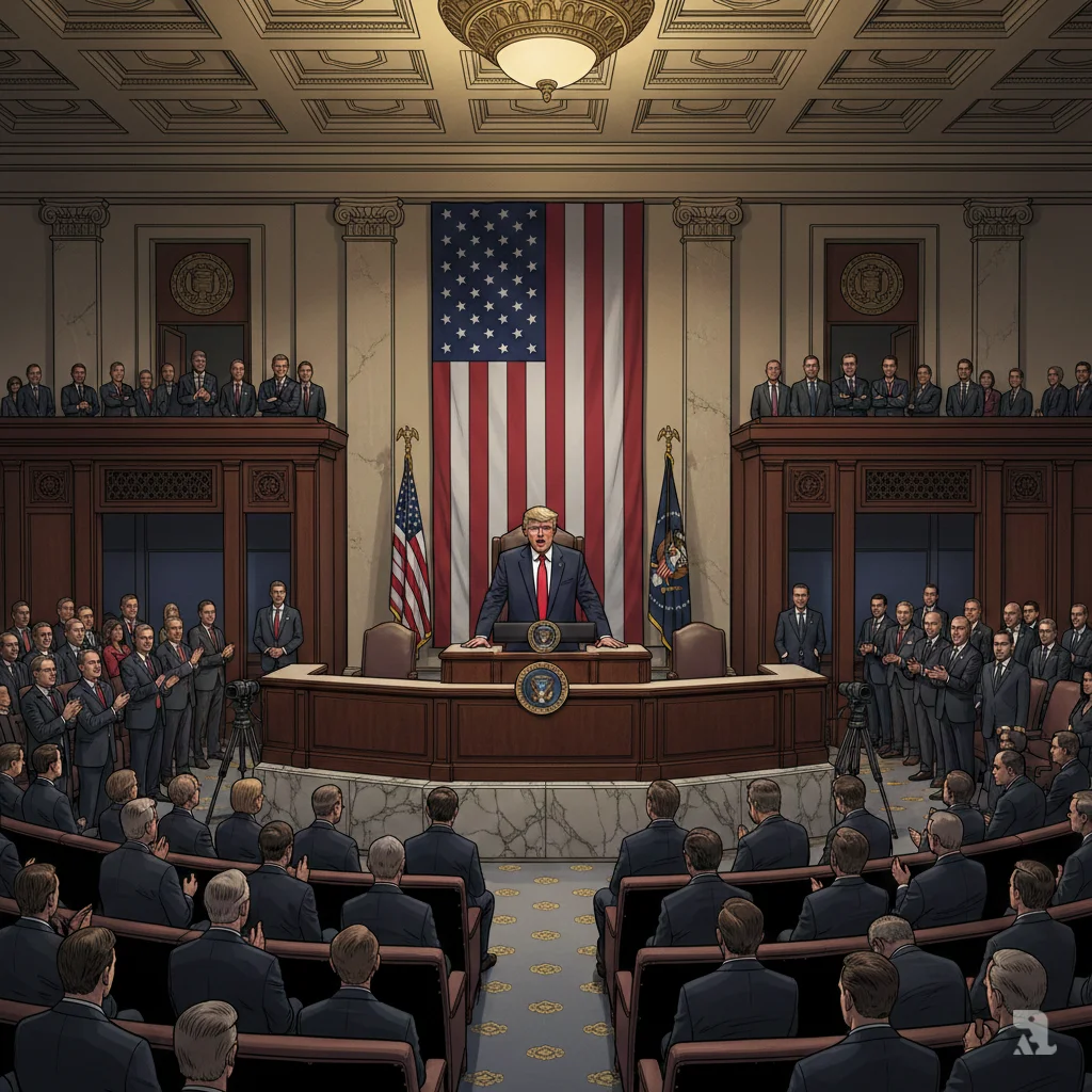 President Trump delivers State of the Union address to Congress from House Chamber podium, with Secretary Rubio, Steve Witkoff and Jared Kushner observing from gallery above divided lawmakers.