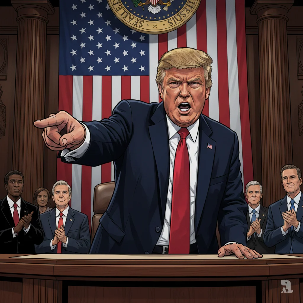 President Trump delivers aggressive State of the Union address from Speaker's rostrum, pointing accusatorily at Democratic lawmakers while American flag fills background. Low-angle shot emphasizes confrontational posture during immigration rhetoric targeting Somali communities.