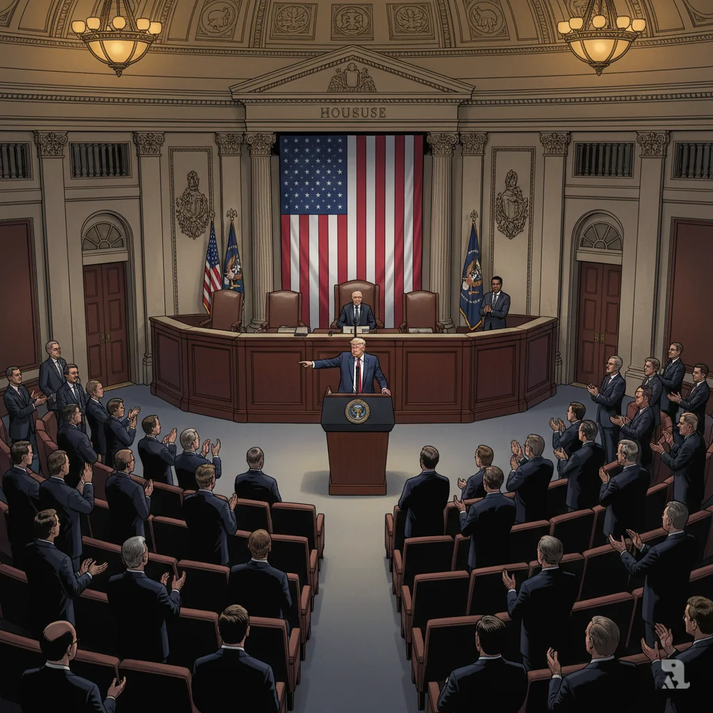 President Trump at Speaker's rostrum delivering State of the Union address, gesturing toward divided chamber with applauding Republicans and tense Democrats, Lizbeth Medina's grieving mother in gallery under amber lights.