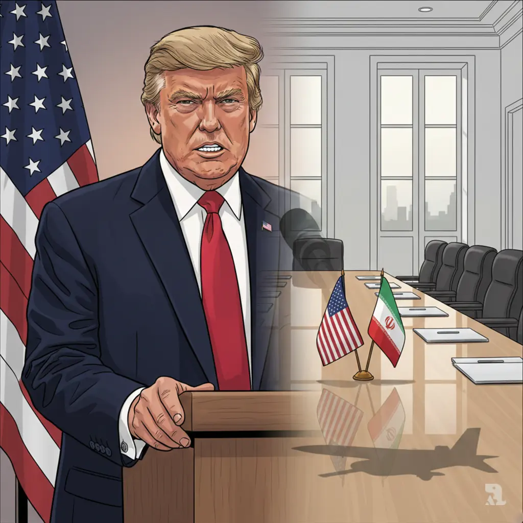 Split composition showing President Trump speaking at State of the Union podium on left, transitioning to empty diplomatic conference table with American and Iranian flags in Geneva on right, with subtle aircraft shadow symbolizing military option behind negotiations.
