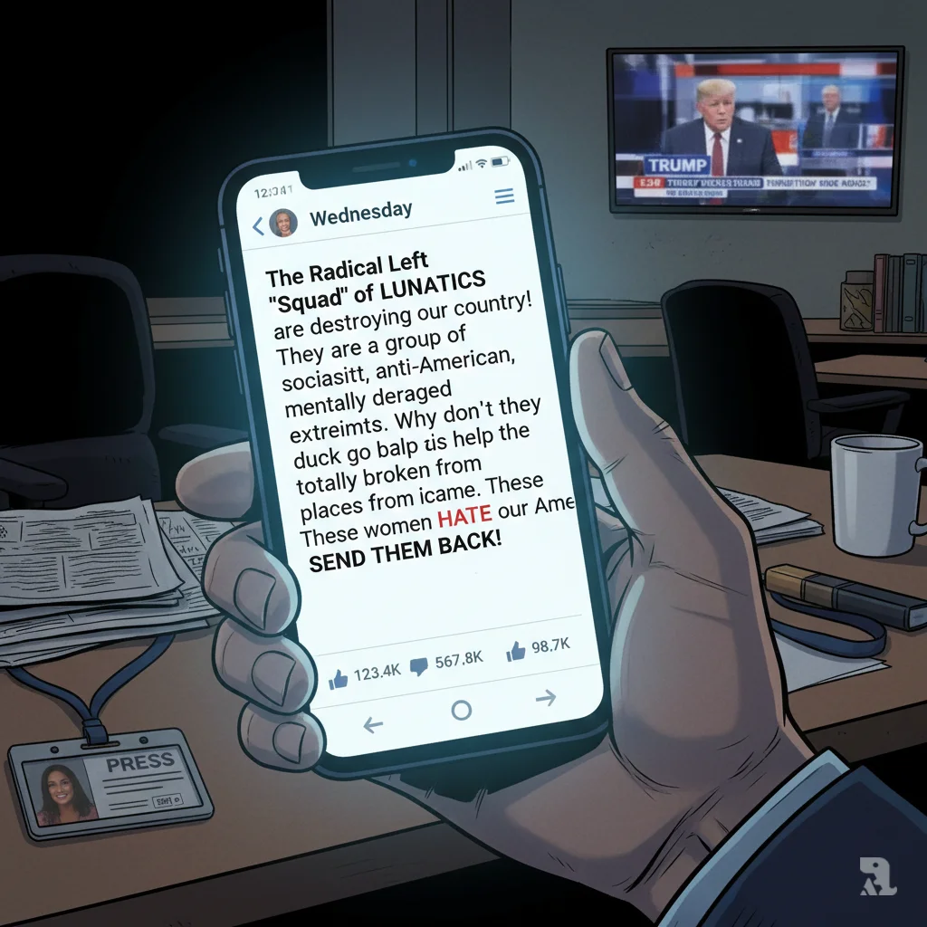 Smartphone displays Donald Trump's inflammatory Truth Social post attacking Muslim lawmakers with phrases "LUNATICS" and "send them back" highlighted. Hand grips phone tightly in dimly lit newsroom setting, screen glow illuminating surrounding desk and press credentials.