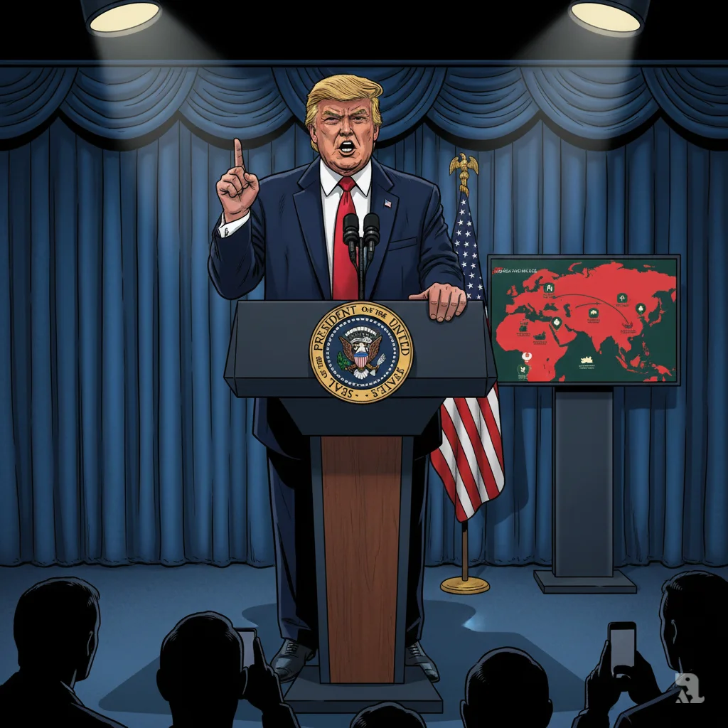 President Donald Trump delivers a stern ultimatum from the White House podium, pointing upward emphatically while a digital map behind him displays US military positions surrounding Iran. The scene captures his warning of a 10-to-15-day deadline for Tehran to reach a meaningful nuclear agreement.