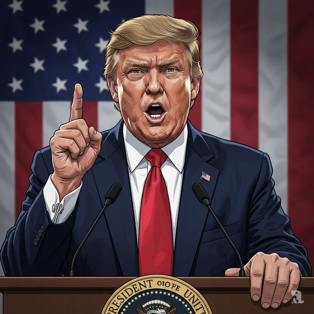 Close-up of President Trump delivering resolute vow at State of the Union podium, pointing upward with American flag backdrop, declaring unwavering opposition to Iranian nuclear weapons.
