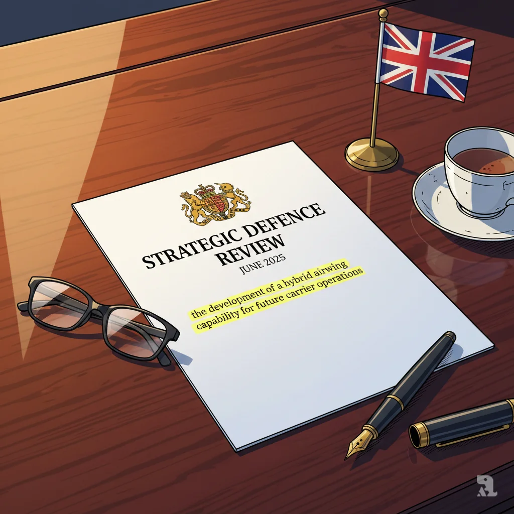 The UK's Strategic Defence Review document from June 2025 lies on a ministerial desk. The cover features the Royal Coat of Arms. Nearby, a fountain pen, reading glasses, a Union Jack flag, and a tea cup suggest a signing ceremony has just concluded.