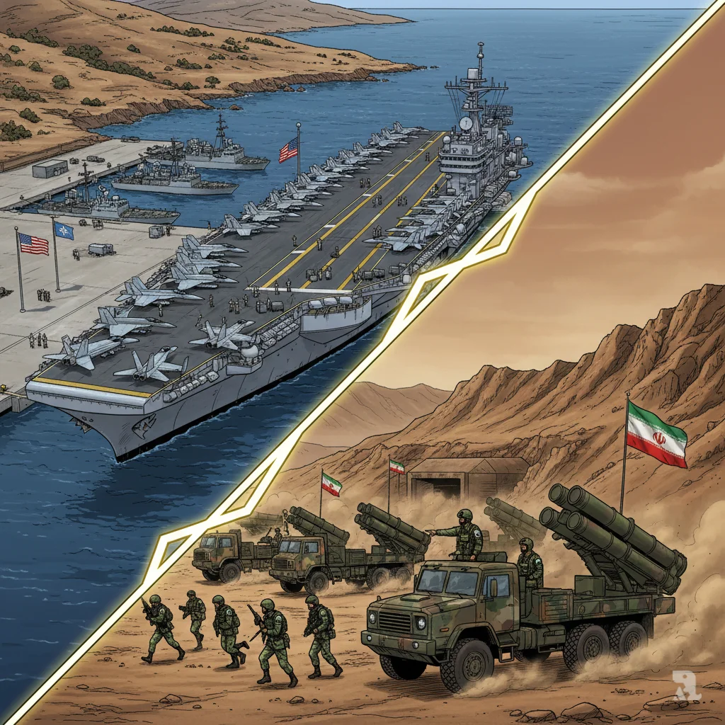Split-screen composition showing the USS Gerald R. Ford aircraft carrier docked at NATO's Crete base above a diagonal divide, contrasted with Iran's Revolutionary Guard Corps conducting military drills and missile launcher exercises in southern Iran's desert terrain below.