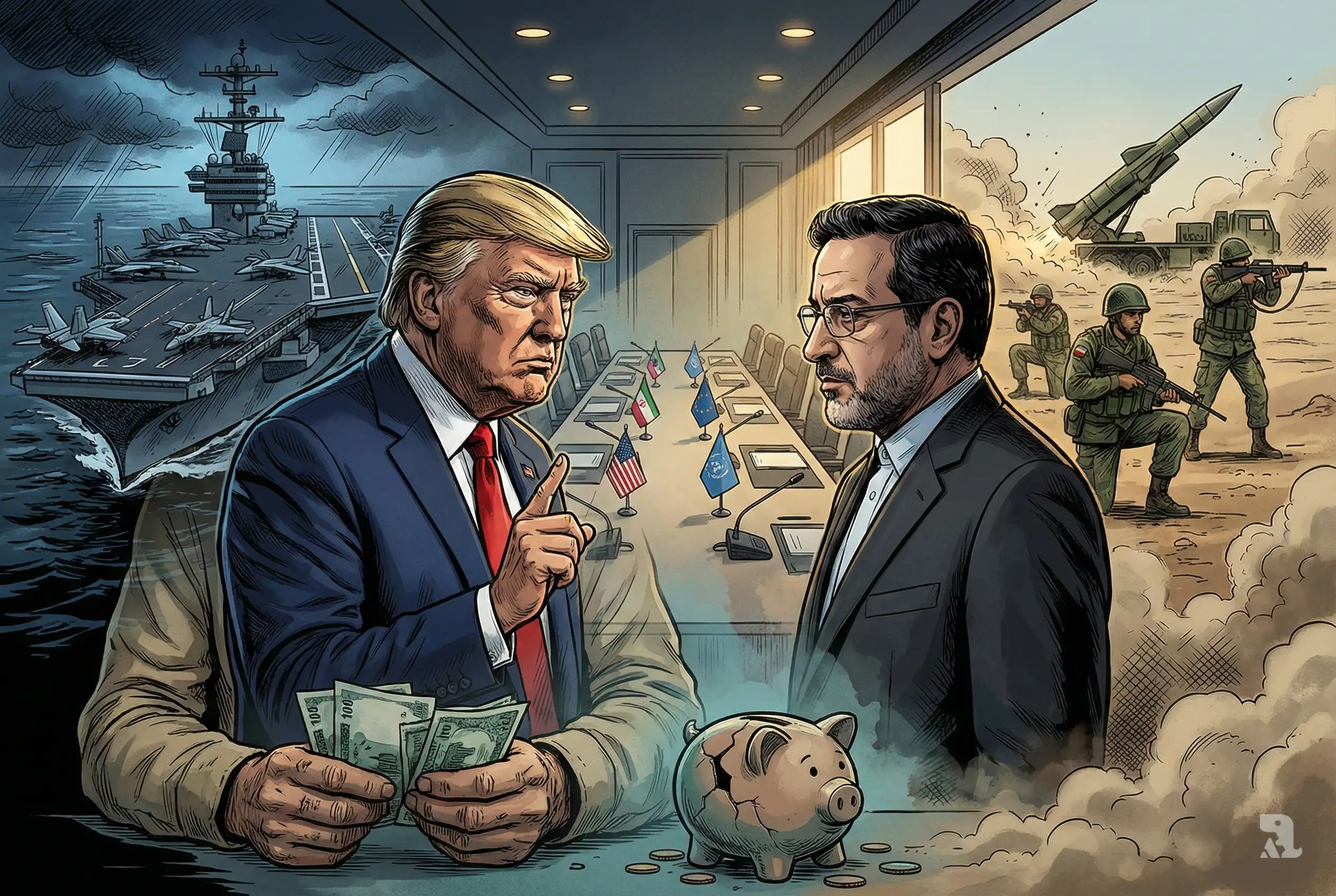 Close-up cinematic thumbnail showing Donald Trump and Abbas Araghchi facing off during US–Iran nuclear talks, with aircraft carrier, Iranian missile drills, and collapsing rial symbolizing military tension and economic crisis.
