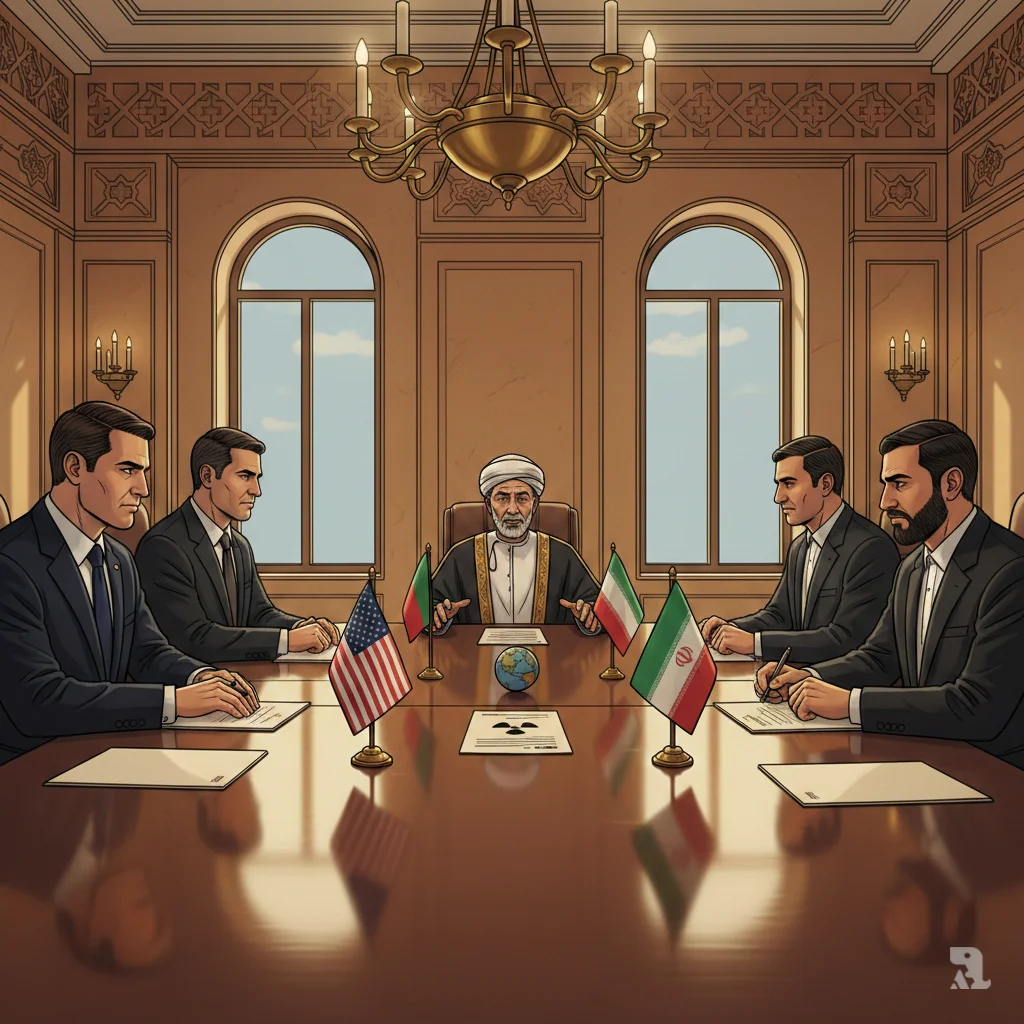 A wide shot of a formal diplomatic meeting room in Oman. US and Iranian delegations sit opposite each other at a long, polished wood table, separated by an Omani mediator. Small American and Iranian flags sit on the table before each delegation, with documents visible. The room features sandstone-colored walls with geometric patterns and arched windows. The atmosphere is tense and formal.