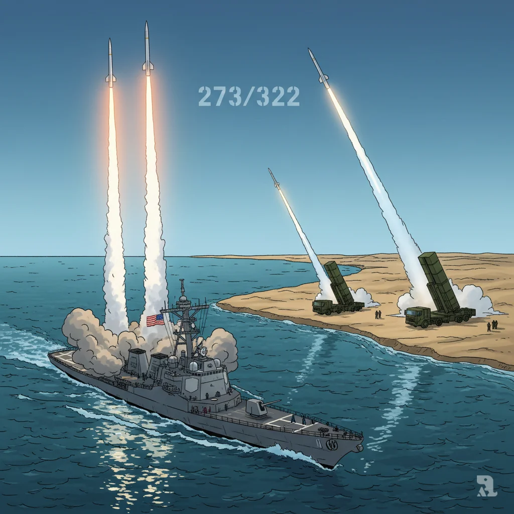 Aerial view of a US Navy Aegis destroyer launching an SM-3 interceptor in the Mediterranean, with a THAAD battery and Israeli Arrow 3 system firing from the coastline behind it during joint defense operations.
