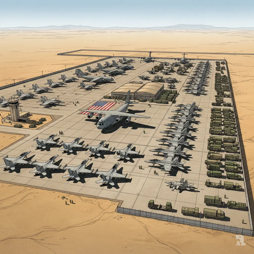 Aerial view of massive U.S. military airfield in Middle East desert with rows of fighter jets, transport aircraft, armored vehicles, and supply containers staged for potential Iran strikes, illustrating the strategic context behind Pentagon leadership changes.