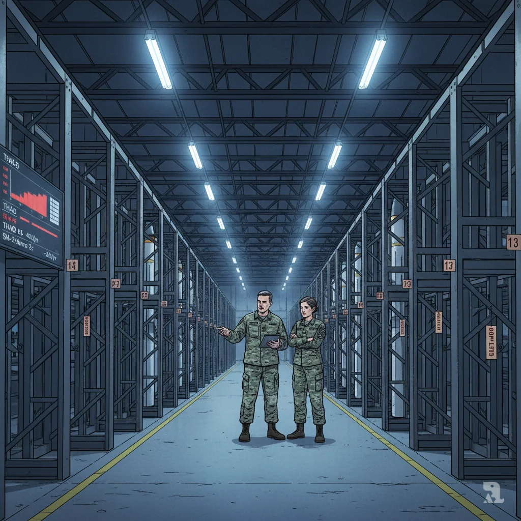 Interior view of a US military storage depot showing rows of empty steel cradles for THAAD and SM-3 interceptor missiles. Two US military officers stand in the aisle reviewing the critically low inventory.