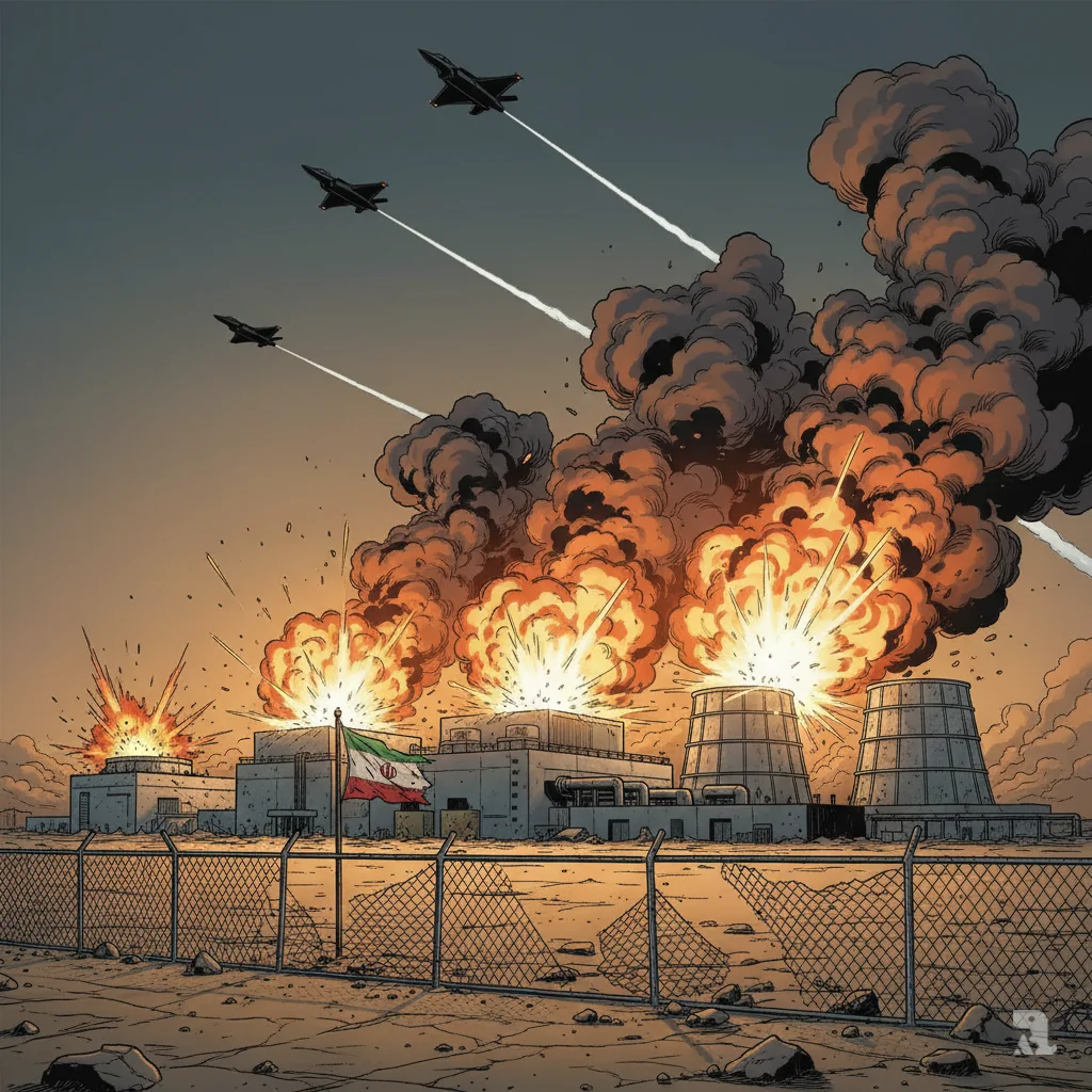 US fighter jets conduct military strikes destroying Iranian nuclear facility in desert landscape, with massive explosions engulfing infrastructure and smoke rising into amber sky.