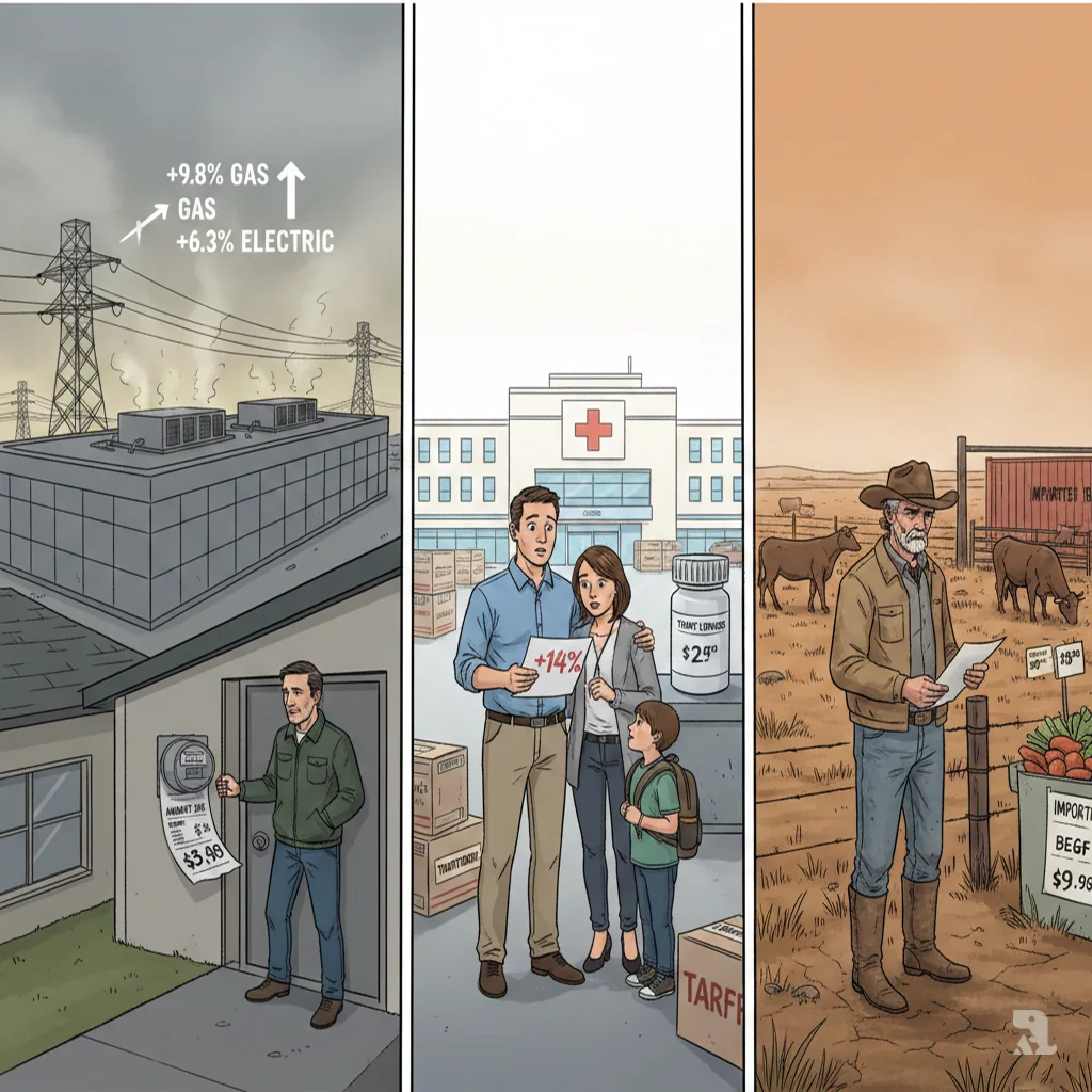 A panoramic view splits to show three simultaneous crises: a massive data center towering over a small house with a high utility bill; a family at a hospital reading a health insurance notice showing a 114% spike; and a rancher in a drought-stricken field holding a tariff notice with imported beef in the background.