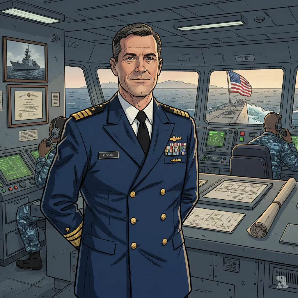 Vice Admiral Fred Kacher stands on a U.S. Navy warship bridge in full dress uniform with three-star insignia, Pacific Ocean and Japanese coastline visible through panoramic windows, surrounded by radar screens and naval instrumentation, establishing his distinguished military career.