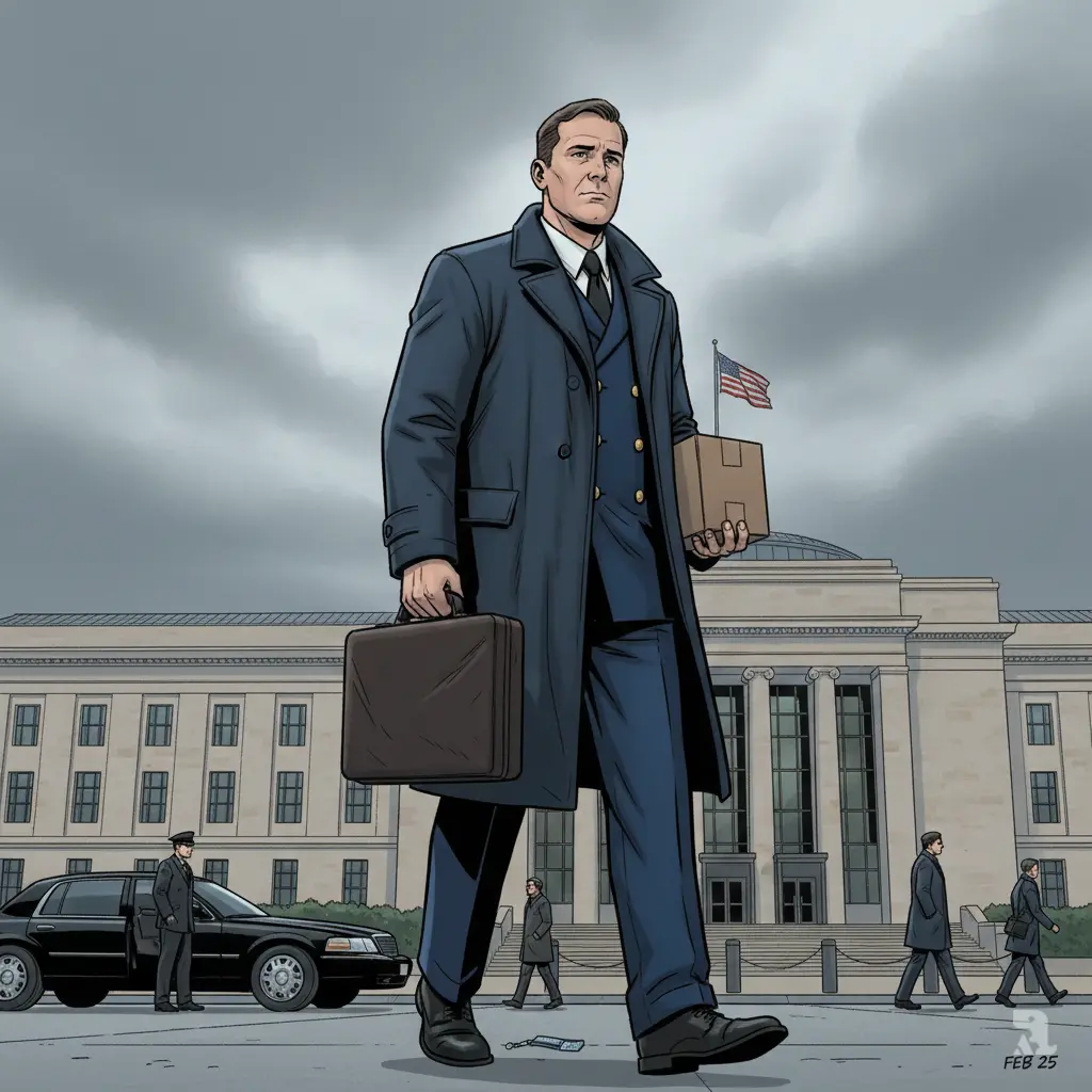 Vice Admiral Fred Kacher walks away from the Pentagon exterior carrying a cardboard box and briefcase on February 25, overcast sky looming above the massive five-sided building, government sedan waiting nearby, depicting his dismissal after two months.