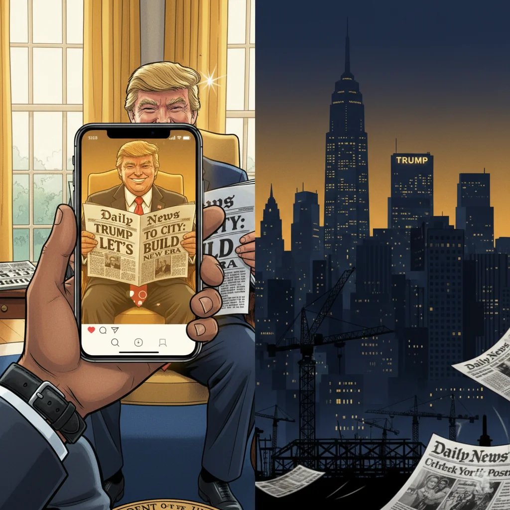 A split panel shows the aftermath. On the left, a hand holds a smartphone displaying the viral, oversaturated Oval Office photo on social media. On the right, the New York City skyline glows at dusk, with a Trump-branded tower visible and construction cranes silhouetted against the sky, symbolizing the future challenges and "Let's Build" promise ahead for the city.