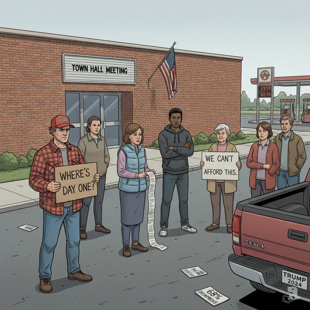 A diverse group of frustrated voters, including a man in a red MAGA-style cap, gather outside a community center. They hold signs reading "WE CAN'T AFFORD THIS" and "WHERE'S DAY ONE?", expressing anger and disillusionment over high living costs and broken promises.