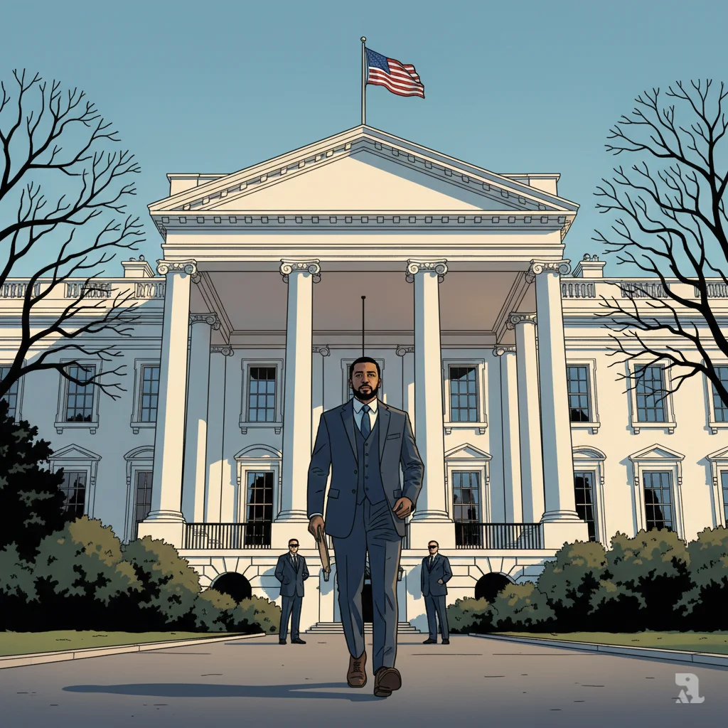 A low-angle wide shot captures New York City Mayor Zohran Mamdani walking purposefully toward the grand, neoclassical entrance of the White House. He carries a thin manila folder containing his props. The imposing facade looms above him as he approaches for his Thursday meeting, his posture reflecting quiet determination.