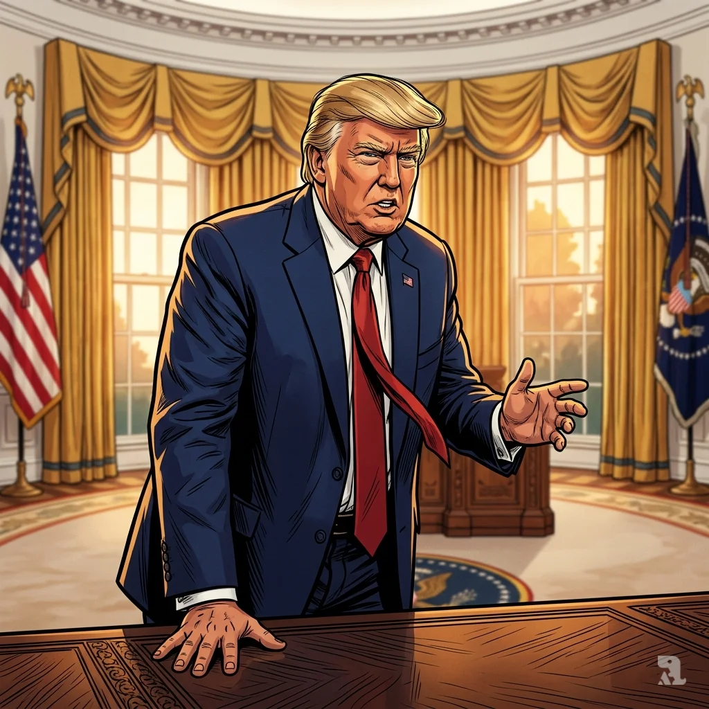 Donald Trump stands at the Resolute Desk in the Oval Office, hand on the surface, delivering an ultimatum with grim determination.