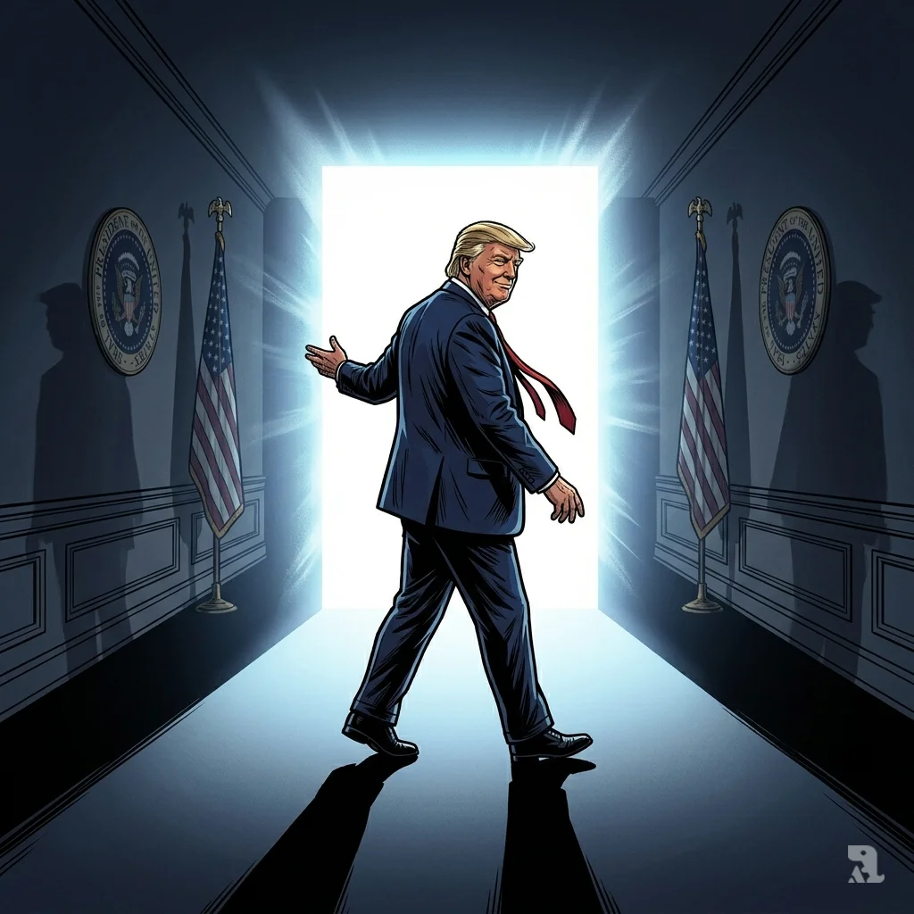 Donald Trump walks away from a dark corridor toward a bright exit, his shadow stretching behind him after a declaration.