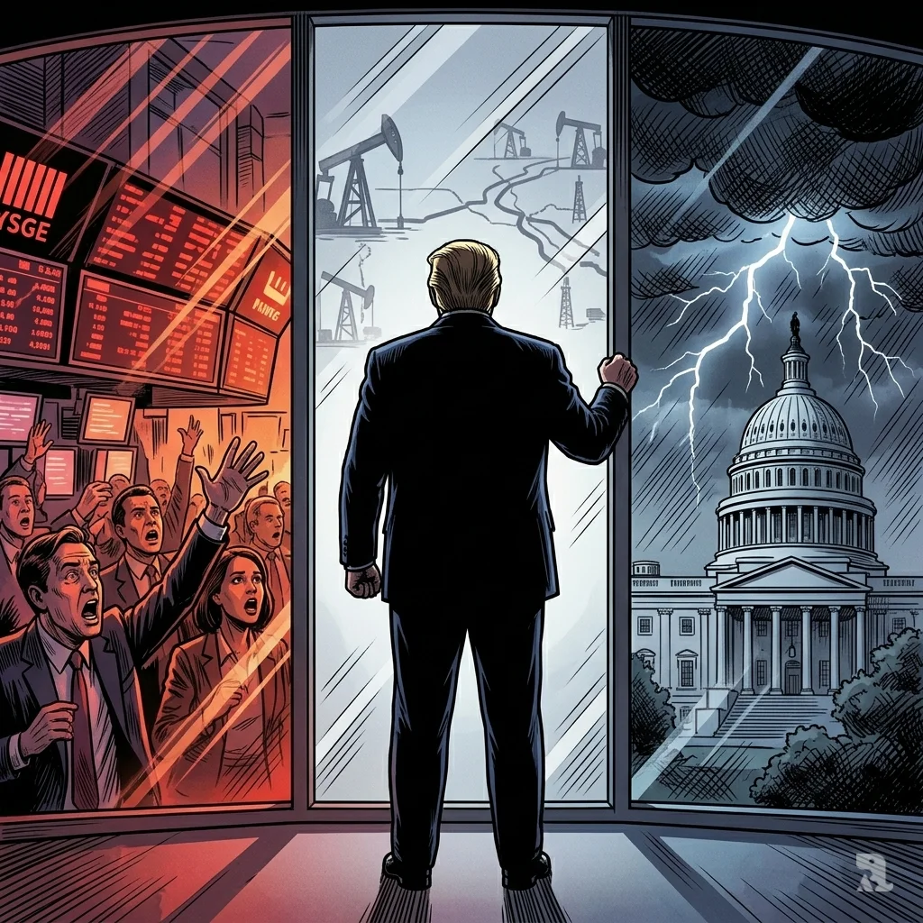 Donald Trump’s silhouette at a window, with a chaotic trading floor on one side and a storm over the White House on the other.