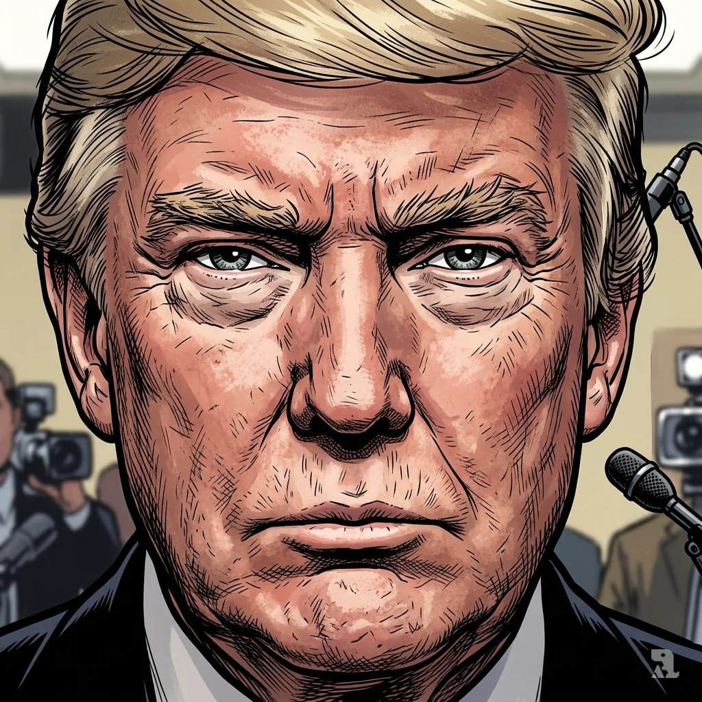 An extreme close-up of Donald Trump with an unwavering stare, surrounded by blurred microphones and reporters.