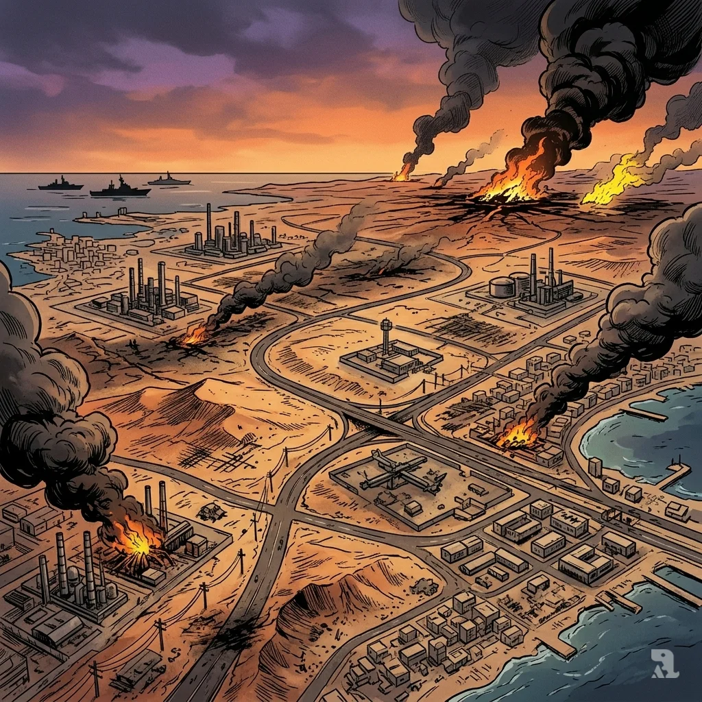 A wide-angle view of the Middle East showing oil fires, military convoy tracks, and damaged coastal cities after regional conflict.