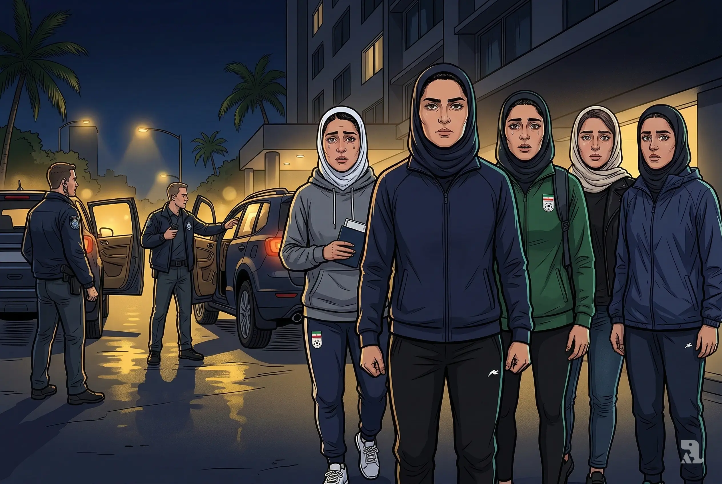 Five Iranian women footballers in emotional close-up during nighttime escape, Australian police and unmarked vehicles behind them, tense expressions showing fear, relief, and urgent movement.
