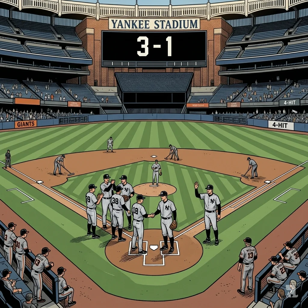 Post‑game aerial view. Yankees celebrate Aaron Boone’s 700th win. Giants sit defeated. Scoreboard shows 3‑1 final.