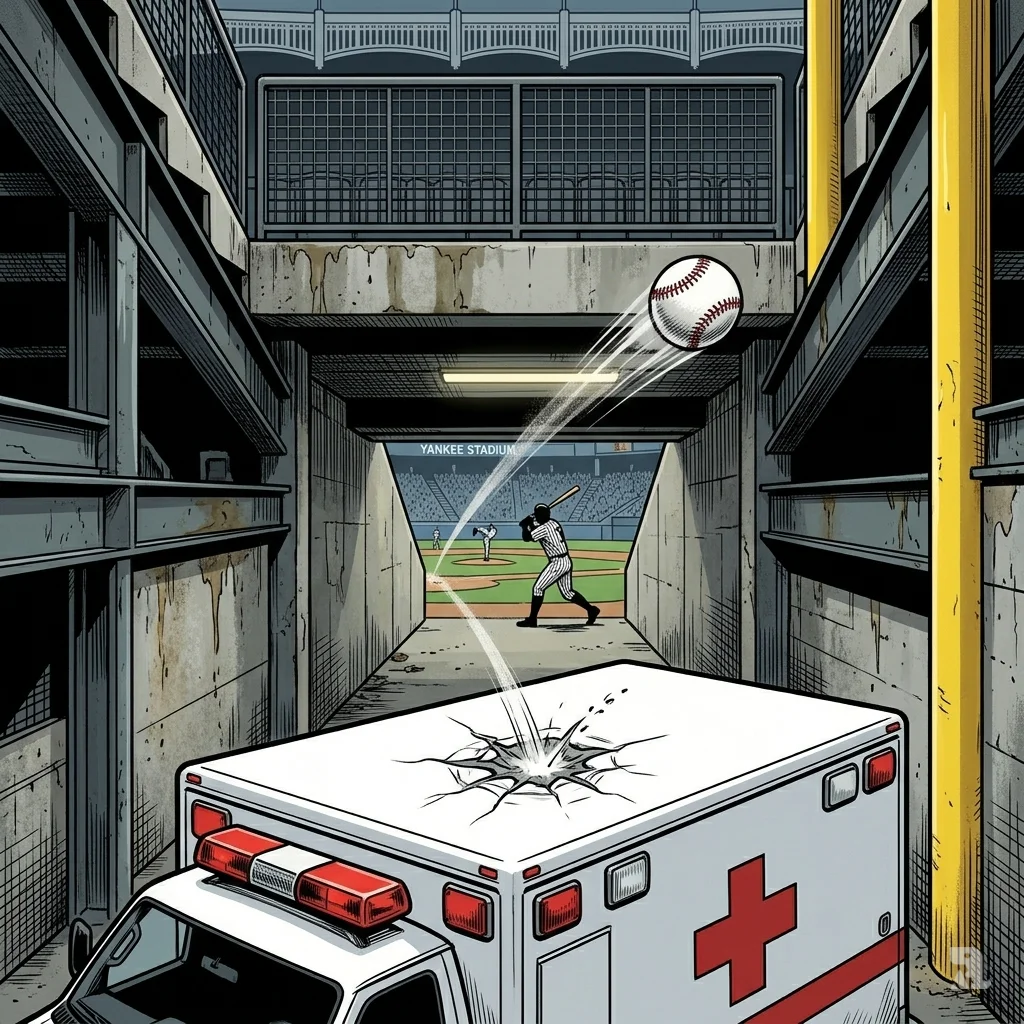 Yankee Stadium tunnel. Baseball denting an ambulance roof after Aaron Judge’s hit. Ball’s trail visible against concrete.